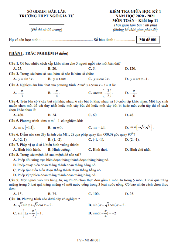 Đề kiểm tra giữa học kì 1 (HK1) lớp 11 môn Toán năm 2020 2021 trường THPT Ngô Gia Tự Đắk Lắk