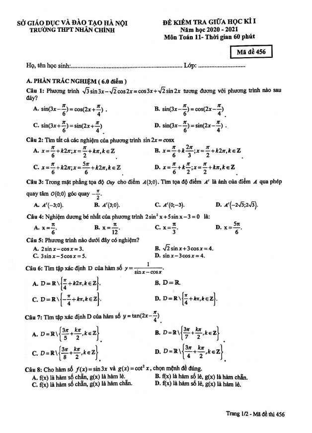 Đề kiểm tra giữa học kì 1 (HK1) lớp 11 môn Toán năm 2020 2021 trường THPT Nhân Chính Hà Nội