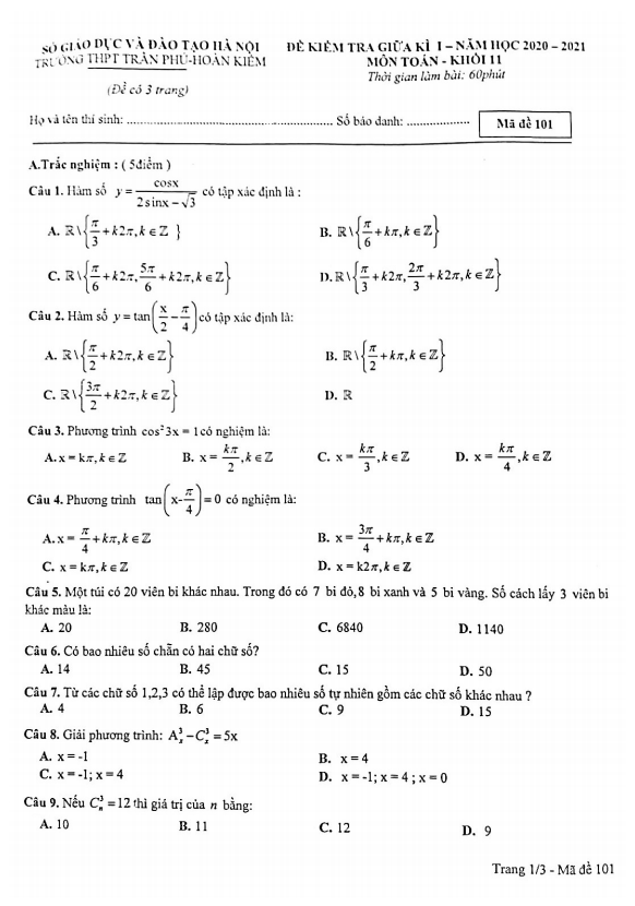 Đề kiểm tra giữa học kì 1 (HK1) lớp 11 môn Toán năm 2020 2021 trường THPT Trần Phú Hà Nội