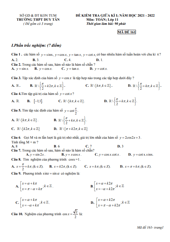 Đề kiểm tra giữa học kì 1 (HK1) lớp 11 môn Toán năm 2021 2022 trường THPT Duy Tân Kon Tum
