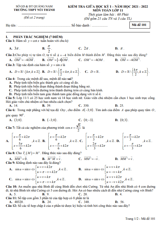 Đề kiểm tra giữa học kì 1 (HK1) lớp 11 môn Toán năm 2021 2022 trường THPT Núi Thành Quảng Nam
