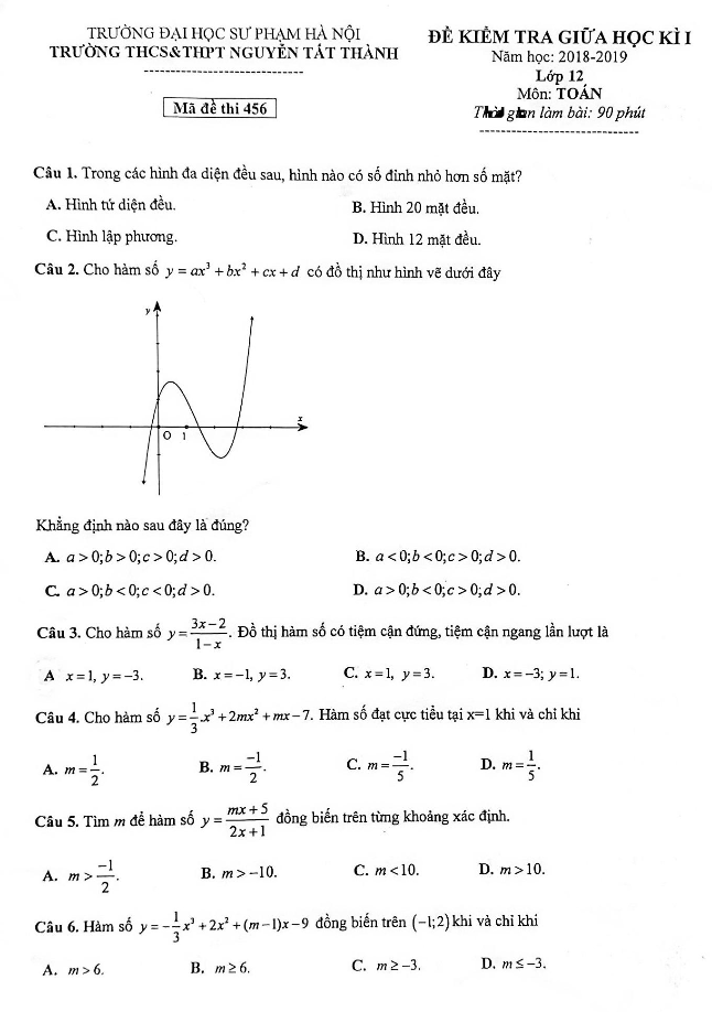 Đề kiểm tra giữa học kì 1 (HK1) lớp 12 môn Toán năm 2018 2019 trường Nguyễn Tất Thành ĐHSP Hà Nội