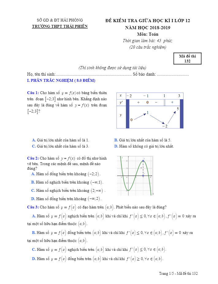 Đề kiểm tra giữa học kì 1 (HK1) lớp 12 môn Toán năm 2018 2019 trường THPT Thái Phiên Hải Phòng