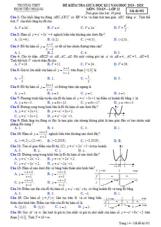 Đề kiểm tra giữa học kì 1 (HK1) lớp 12 môn Toán năm 2019 2020 trường Đinh Tiên Hoàng BR VT