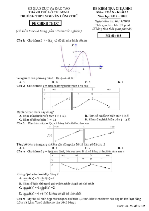 Đề kiểm tra giữa học kì 1 (HK1) lớp 12 môn Toán năm 2019 2020 trường Nguyễn Công Trứ TP HCM