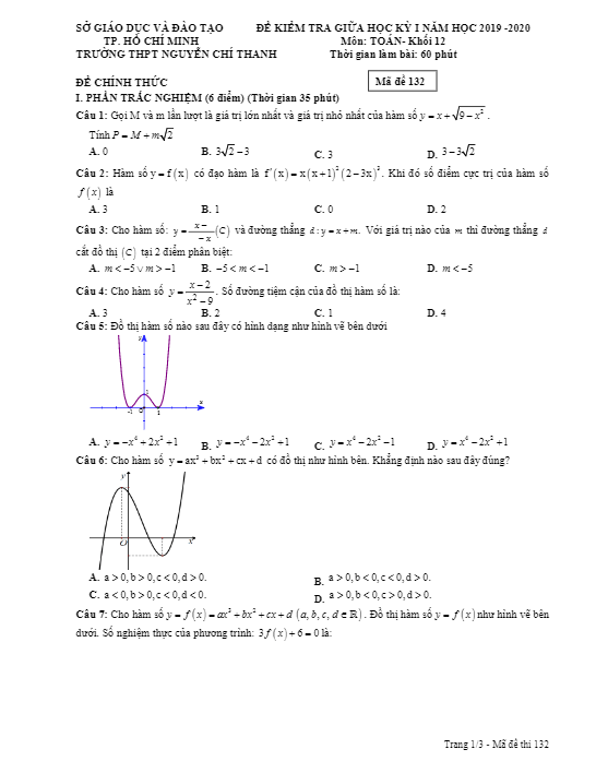 Đề kiểm tra giữa học kì 1 (HK1) lớp 12 môn Toán năm 2019 – 2020 trường Nguyễn Chí Thanh – TP HCM