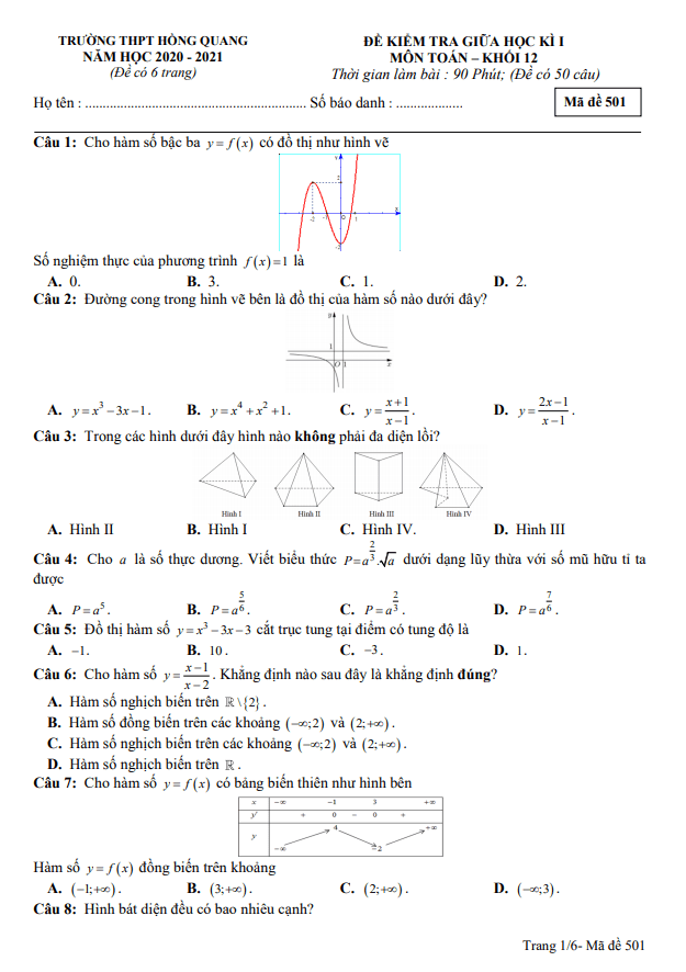 Đề kiểm tra giữa học kì 1 (HK1) lớp 12 môn Toán năm 2020 2021 trường THPT Hồng Quang Hải Dương