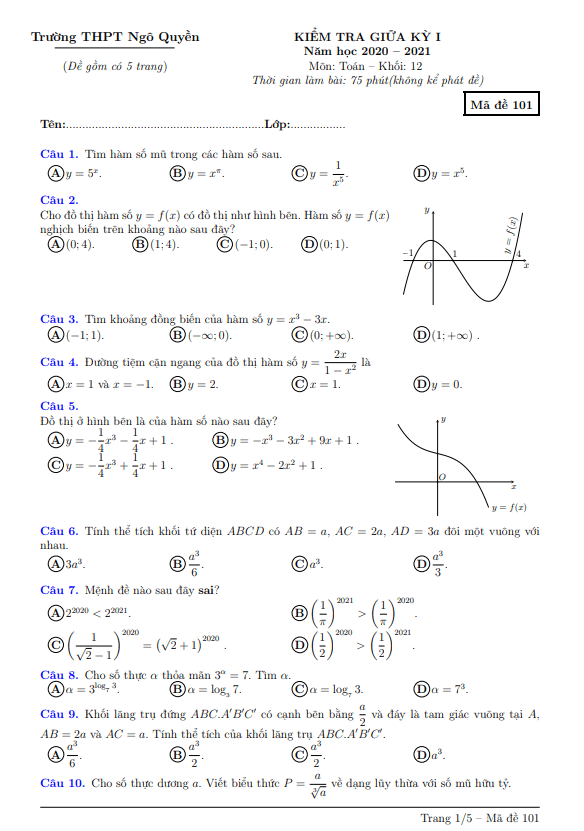 Đề kiểm tra giữa học kì 1 (HK1) lớp 12 môn Toán năm 2020 2021 trường THPT Ngô Quyền Bình Thuận