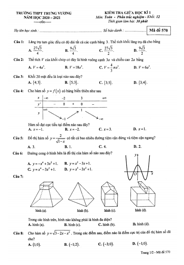 Đề kiểm tra giữa học kì 1 (HK1) lớp 12 môn Toán năm 2020 2021 trường THPT Trưng Vương TP HCM