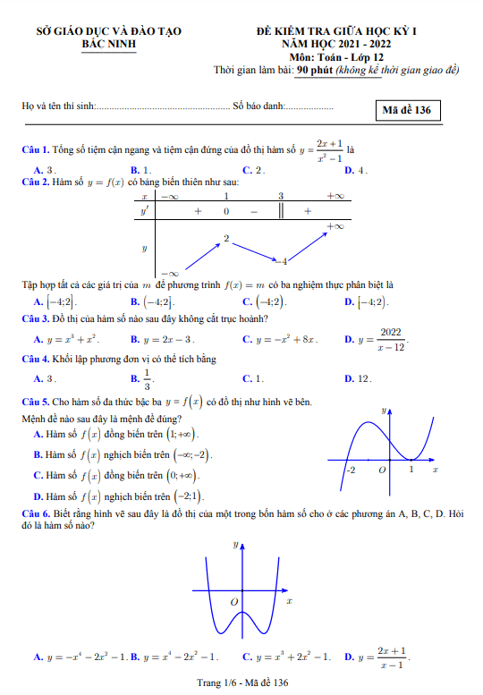 Đề kiểm tra giữa học kì 1 (HK1) lớp 12 môn Toán năm 2021 2022 sở GD ĐT Bắc Ninh