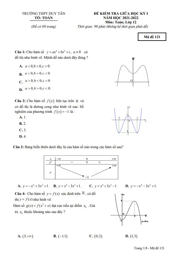 Đề kiểm tra giữa học kì 1 (HK1) lớp 12 môn Toán năm 2021 2022 trường THPT Duy Tân Kon Tum