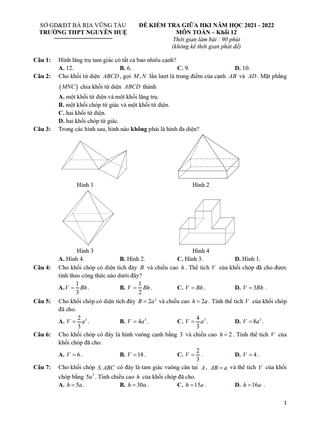 Đề kiểm tra giữa học kì 1 (HK1) lớp 12 môn Toán năm 2021 2022 trường THPT Nguyễn Huệ BR VT