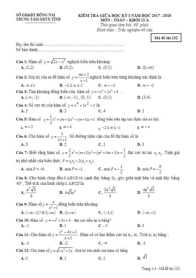 Đề kiểm tra giữa học kì 1 (HK1) lớp 12 môn Toán năm học 2017 2018 trung tâm GDTX tỉnh Đồng Nai