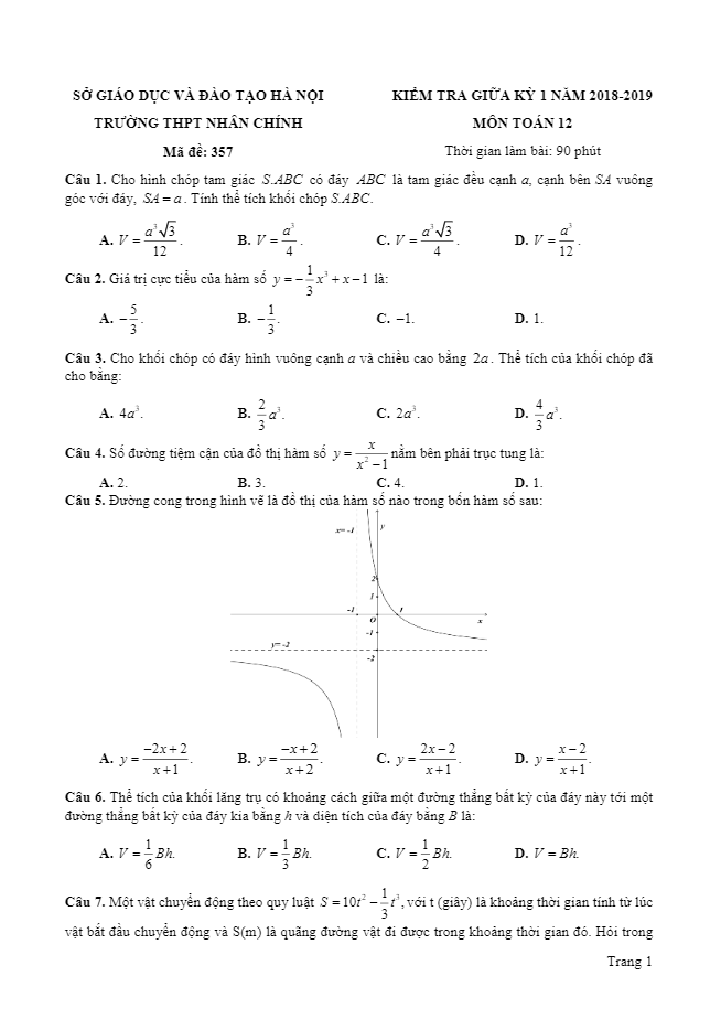 Đề kiểm tra giữa học kì 1 (HK1) lớp 12 môn Toán năm học 2018 2019 trường THPT Nhân Chính Hà Nội