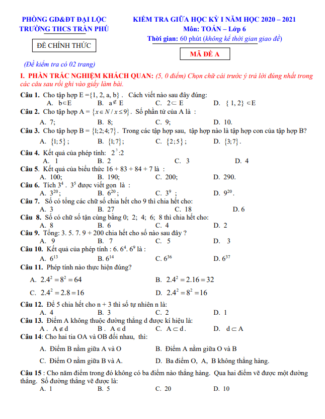 Đề kiểm tra giữa học kì 1 (HK1) lớp 6 môn Toán năm 2020 – 2021 trường THCS Trần Phú – Quảng Nam