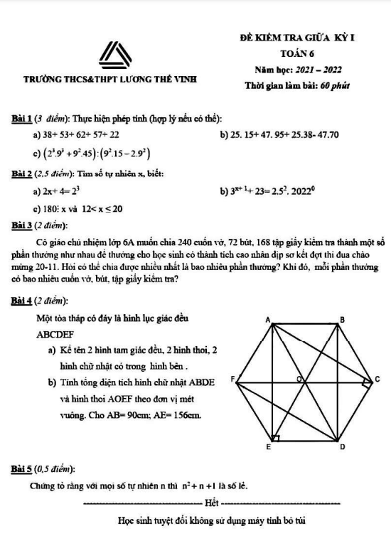 Đề kiểm tra giữa học kì 1 (HK1) lớp 6 môn Toán năm 2021 2022 trường Lương Thế Vinh Hà Nội