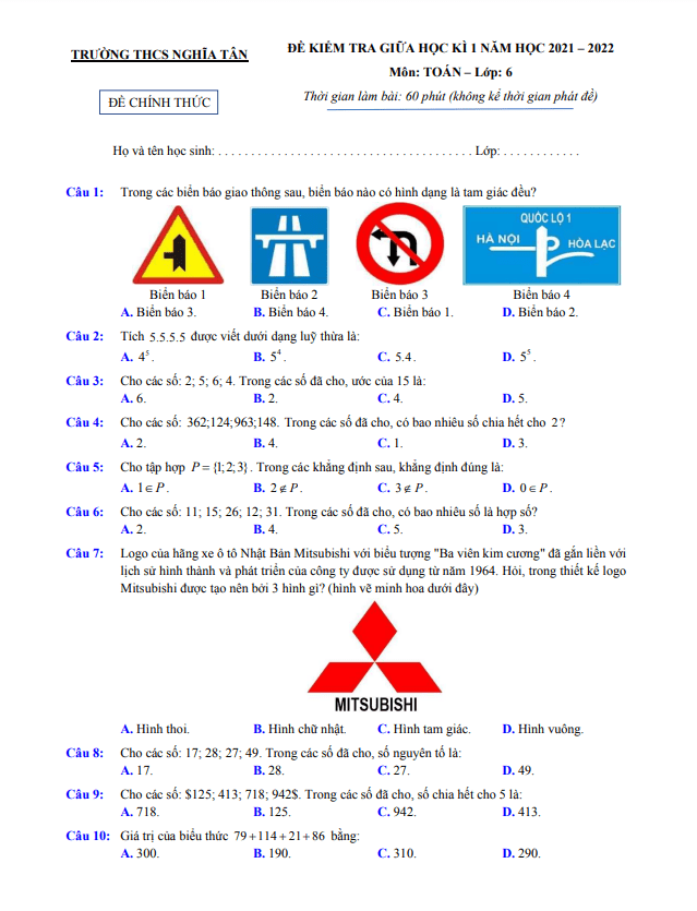 Đề kiểm tra giữa học kì 1 (HK1) lớp 6 môn Toán năm 2021 2022 trường THCS Nghĩa Tân Hà Nội