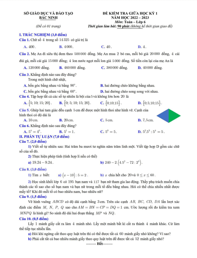 Đề kiểm tra giữa học kì 1 (HK1) lớp 6 môn Toán năm 2022 2023 sở GD ĐT Bắc Ninh