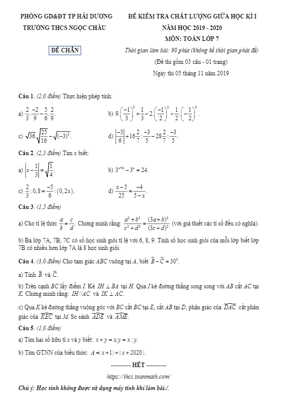 Đề kiểm tra giữa học kì 1 (HK1) lớp 7 môn Toán năm 2019 2020 trường Ngọc Châu Hải Dương