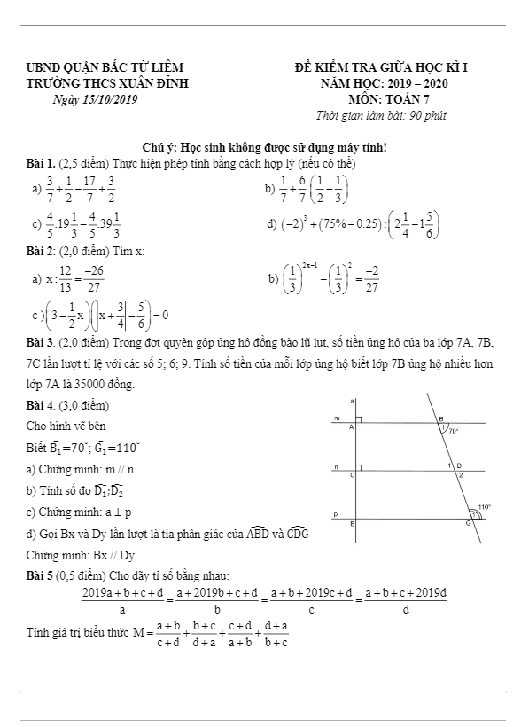 Đề kiểm tra giữa học kì 1 (HK1) lớp 7 môn Toán năm 2019 2020 trường THCS Xuân Đỉnh Hà Nội