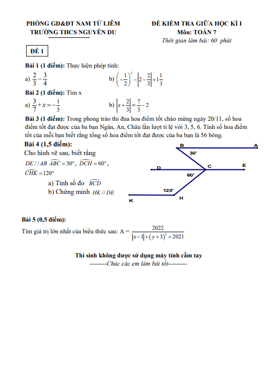 Đề kiểm tra giữa học kì 1 (HK1) lớp 7 môn Toán năm 2021 2022 trường THCS Nguyễn Du Hà Nội