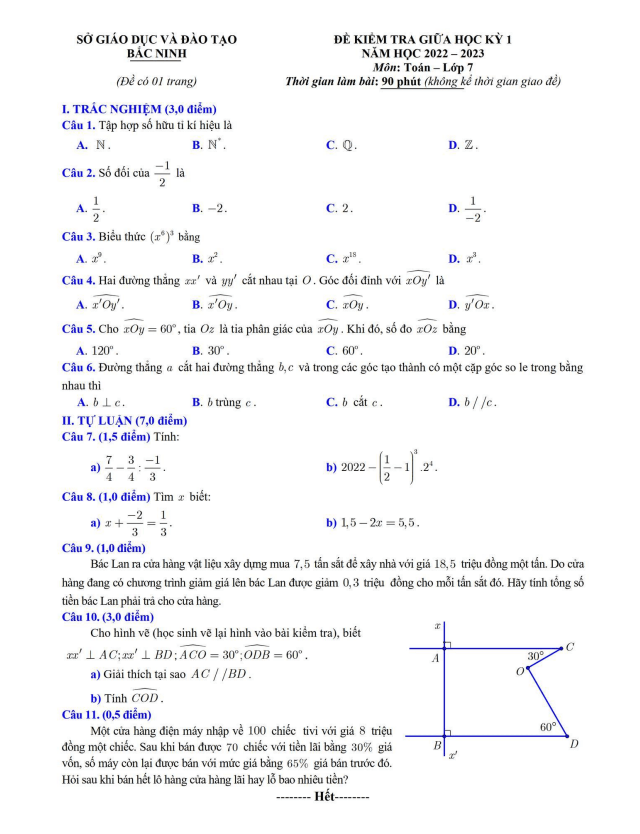 Đề kiểm tra giữa học kì 1 (HK1) lớp 7 môn Toán năm 2022 2023 sở GD ĐT Bắc Ninh