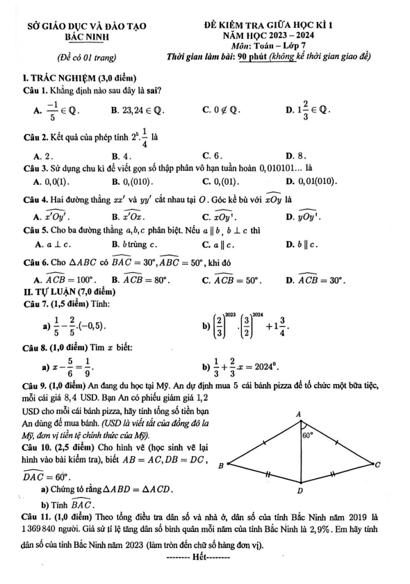 Đề kiểm tra giữa học kì 1 (HK1) lớp 7 môn Toán năm 2023 2024 sở GD ĐT Bắc Ninh