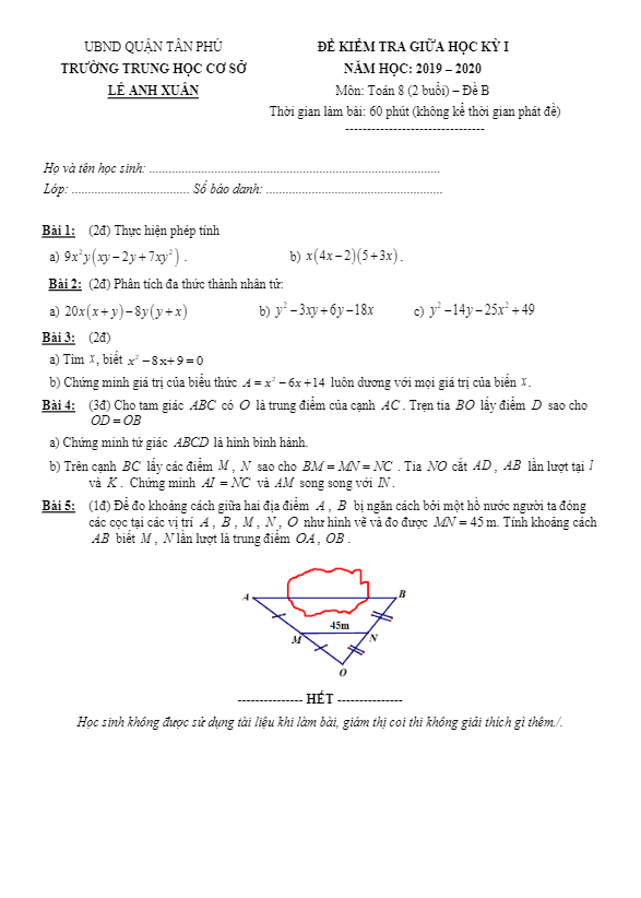 Đề kiểm tra giữa học kì 1 (HK1) lớp 8 môn Toán năm 2019 2020 trường Lê Anh Xuân TP HCM