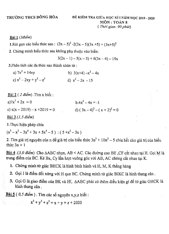 Đề kiểm tra giữa học kì 1 (HK1) lớp 8 môn Toán năm 2019 2020 trường THCS Đông Hòa Thái Bình