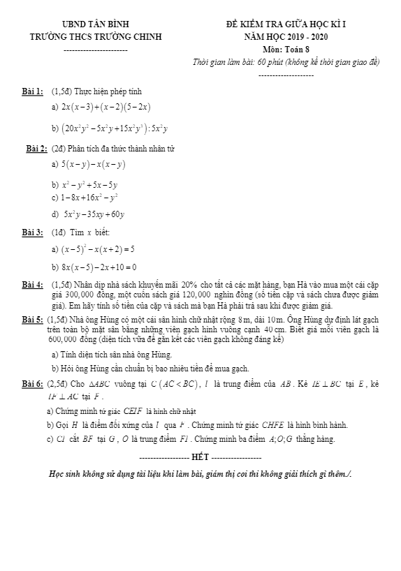 Đề kiểm tra giữa học kì 1 (HK1) lớp 8 môn Toán năm 2019 2020 trường Trường Chinh TP HCM