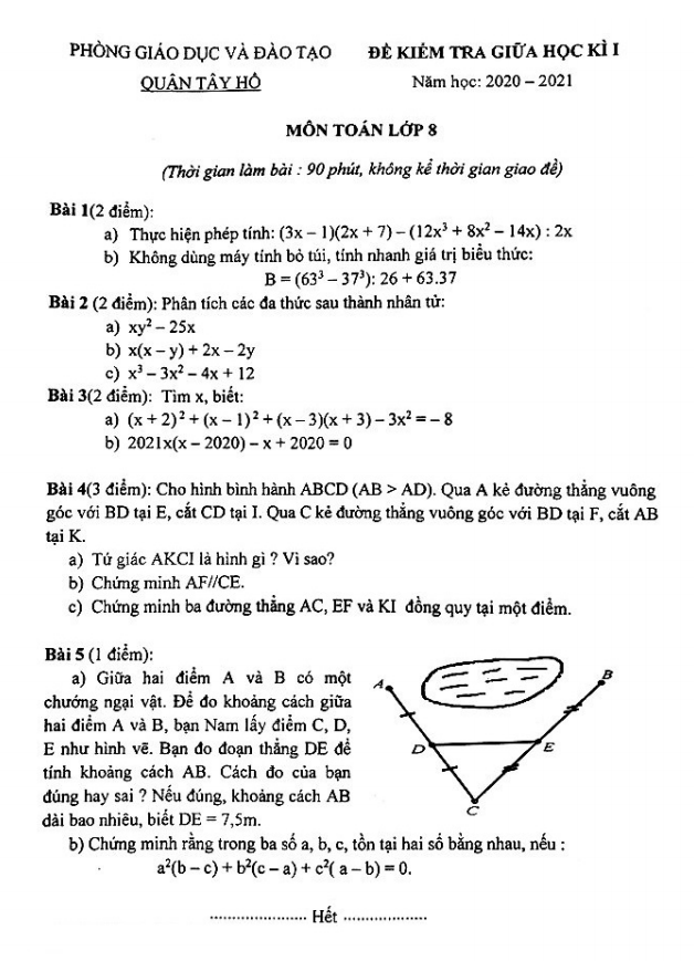 Đề kiểm tra giữa học kì 1 (HK1) lớp 8 môn Toán năm 2020 2021 phòng GD ĐT Tây Hồ Hà Nội