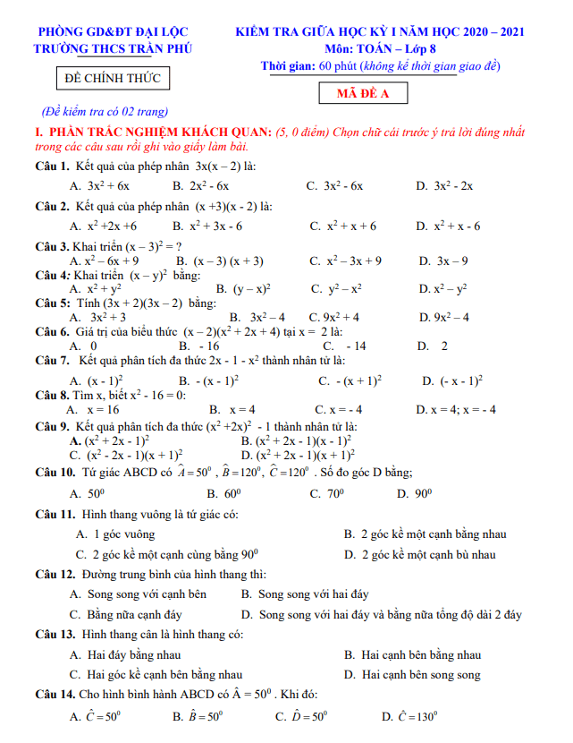Đề kiểm tra giữa học kì 1 (HK1) lớp 8 môn Toán năm 2020 2021 trường THCS Trần Phú Quảng Nam