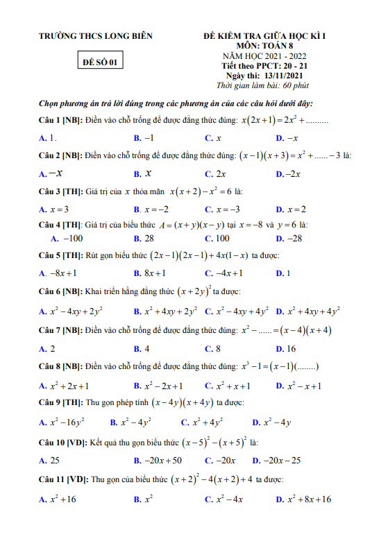 Đề kiểm tra giữa học kì 1 (HK1) lớp 8 môn Toán năm 2021 2022 trường THCS Long Biên Hà Nội