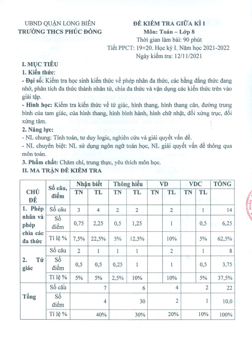 Đề kiểm tra giữa học kì 1 (HK1) lớp 8 môn Toán năm 2021 2022 trường THCS Phúc Đồng Hà Nội