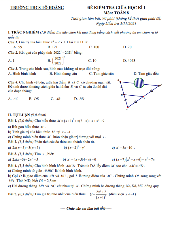 Đề kiểm tra giữa học kì 1 (HK1) lớp 8 môn Toán năm 2021 2022 trường THCS Tô Hoàng Hà Nội