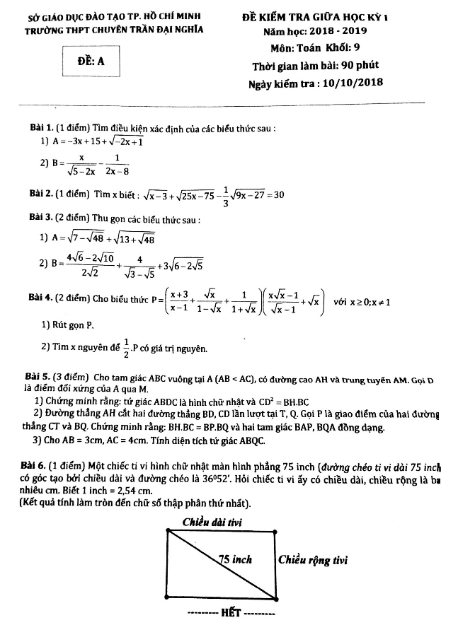 Đề kiểm tra giữa học kì 1 (HK1) lớp 9 môn Toán năm 2018 2019 trường chuyên Trần Đại Nghĩa TP. HCM