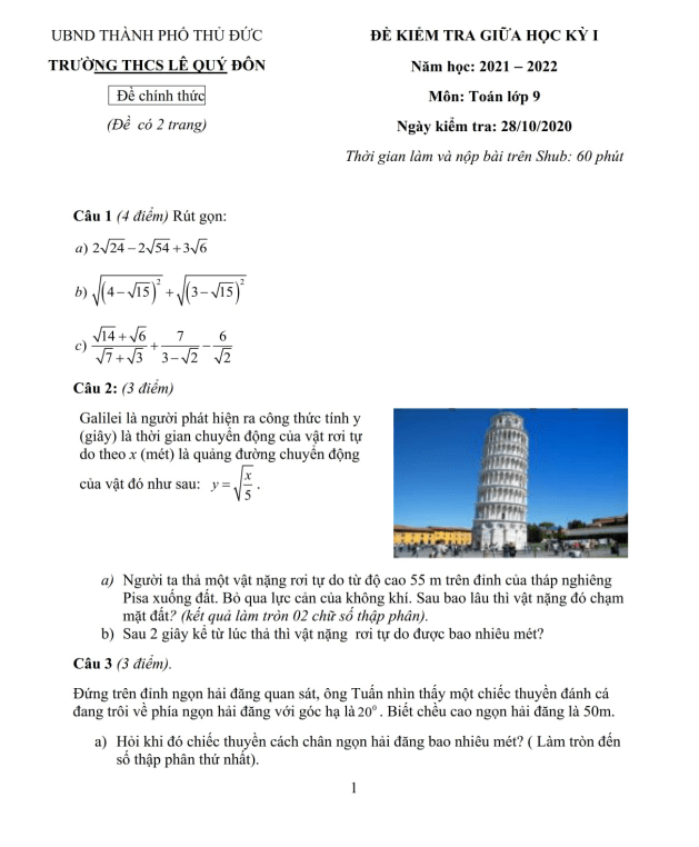 Đề kiểm tra giữa học kì 1 (HK1) lớp 9 môn Toán năm 2021 2022 trường THCS Lê Quý Đôn TP HCM