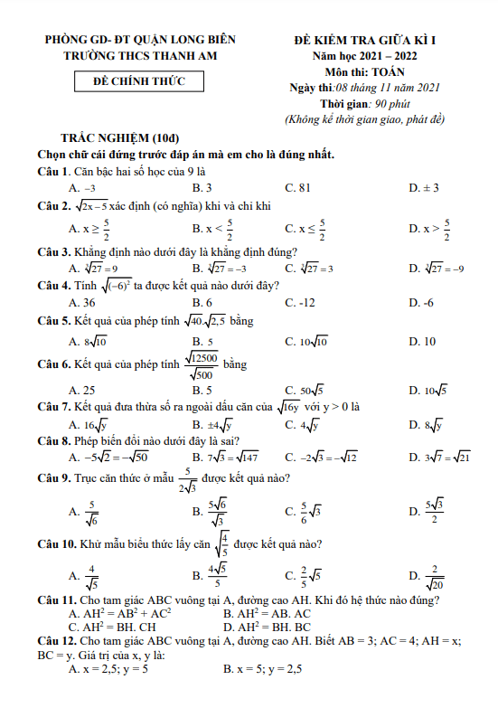 Đề kiểm tra giữa học kì 1 (HK1) lớp 9 môn Toán năm 2021 2022 trường THCS Thanh Am Hà Nội