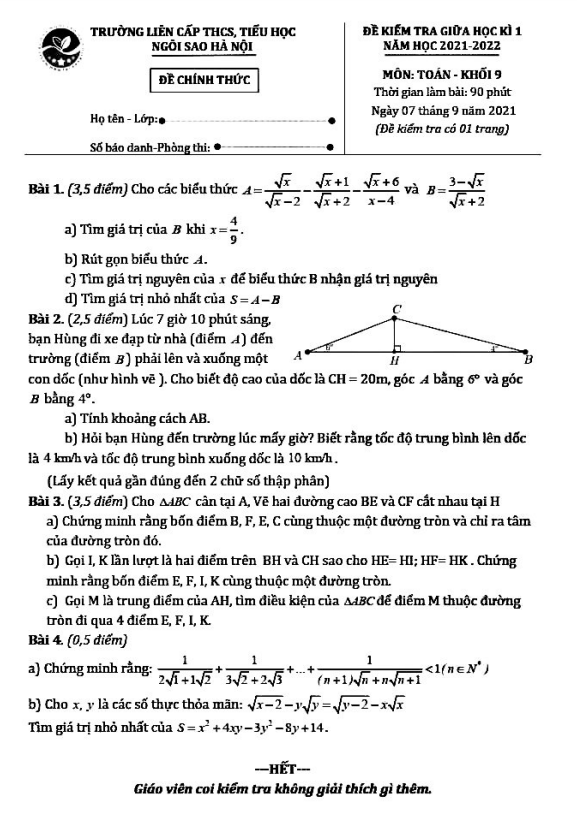 Đề kiểm tra giữa học kì 1 (HK1) lớp 9 môn Toán năm 2021 – 2022 trường TH THCS Ngôi Sao Hà Nội