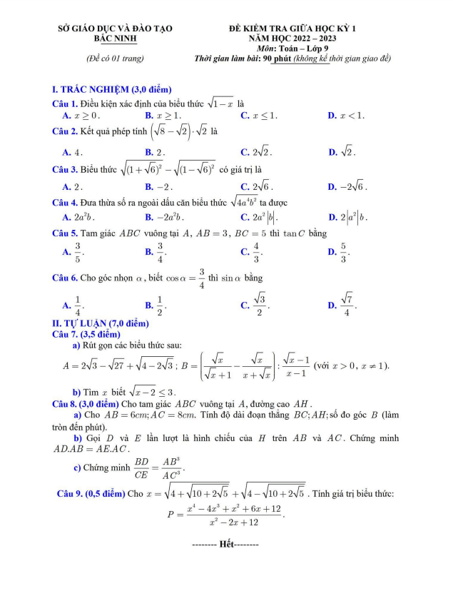 Đề kiểm tra giữa học kì 1 (HK1) lớp 9 môn Toán năm 2022 2023 sở GD ĐT Bắc Ninh