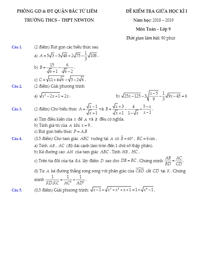 Đề kiểm tra giữa học kì 1 (HK1) lớp 9 môn Toán năm học 2018 2019 trường Newton Hà Nội