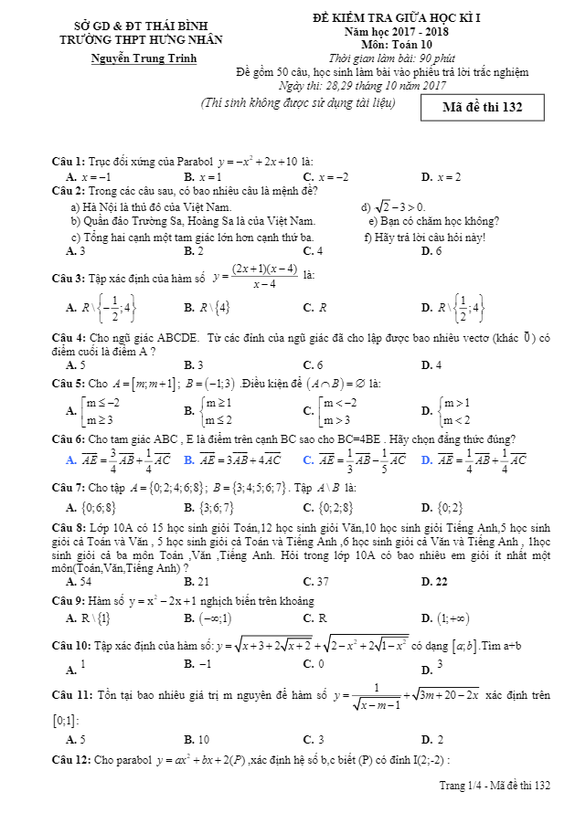 Đề kiểm tra giữa học kì 1 (HK1) năm học 2017 2018 lớp 10 môn Toán trường THPT Hưng Nhân Thái Bình