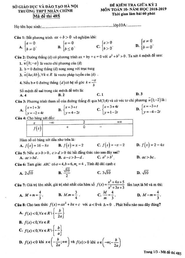 Đề kiểm tra giữa học kì 2 (HK2) lớp 10 môn Toán năm 2018 2019 trường Nhân Chính Hà Nội