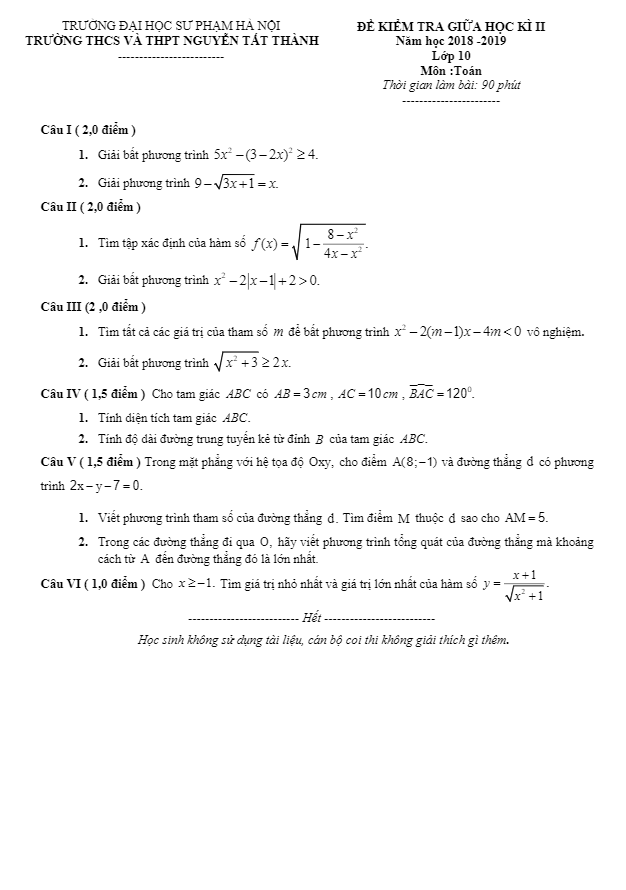 Đề kiểm tra giữa học kì 2 (HK2) lớp 10 môn Toán năm 2019 trường Nguyễn Tất Thành Hà Nội