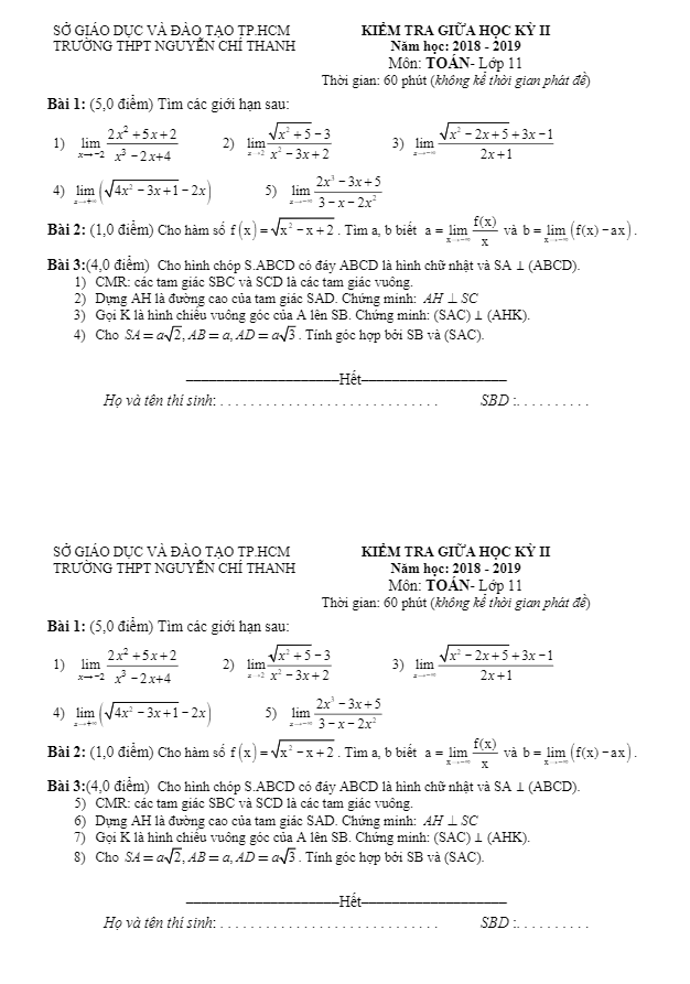 Đề kiểm tra giữa học kì 2 (HK2) lớp 11 môn Toán năm 2018 – 2019 trường Nguyễn Chí Thanh – TP HCM