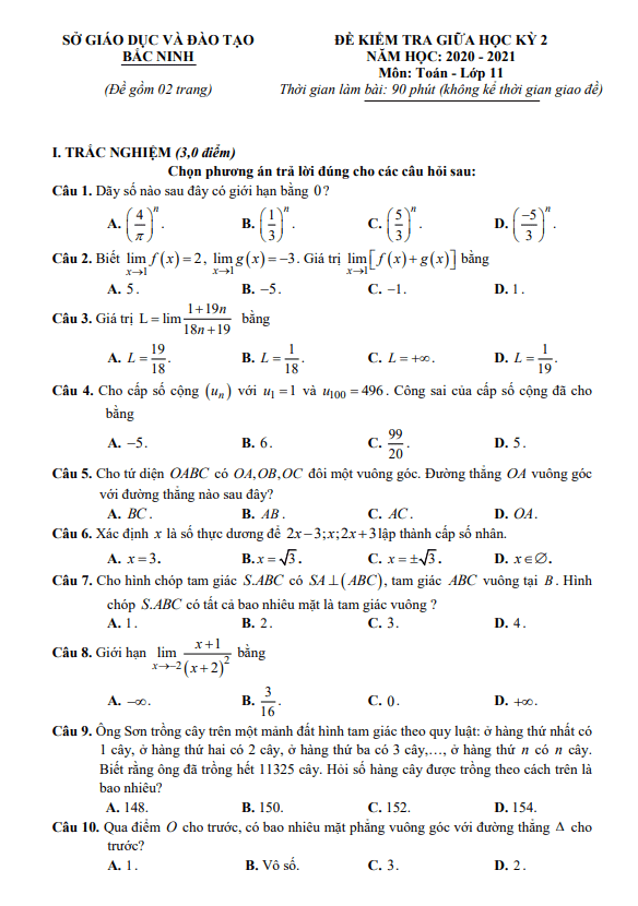 Đề kiểm tra giữa học kì 2 (HK2) lớp 11 môn Toán năm 2020 2021 sở GD ĐT Bắc Ninh