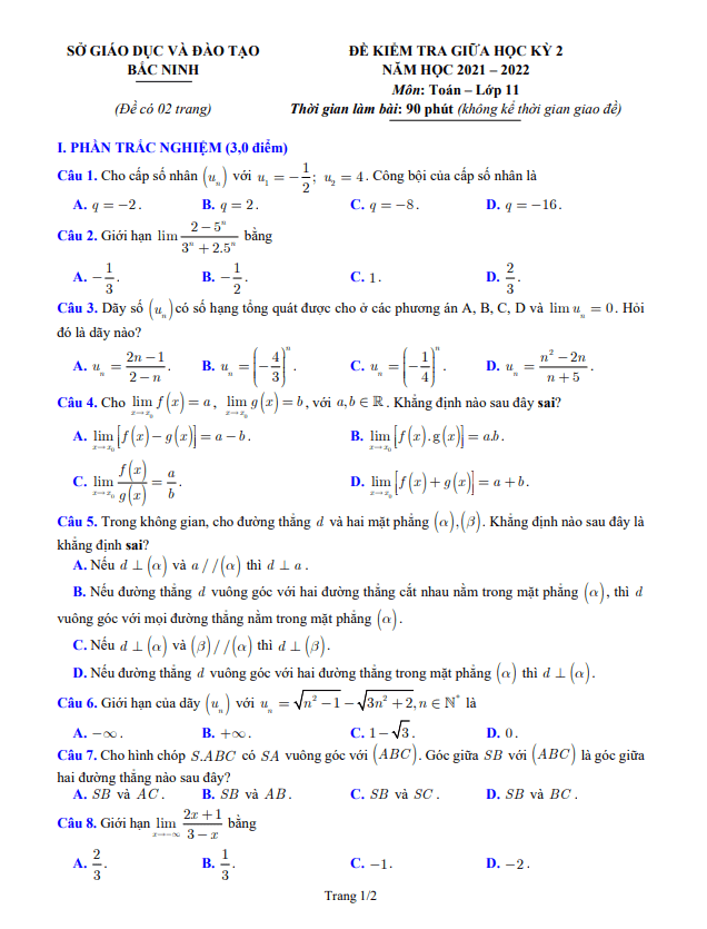 Đề kiểm tra giữa học kì 2 (HK2) lớp 11 môn Toán năm 2021 2022 sở GD ĐT Bắc Ninh