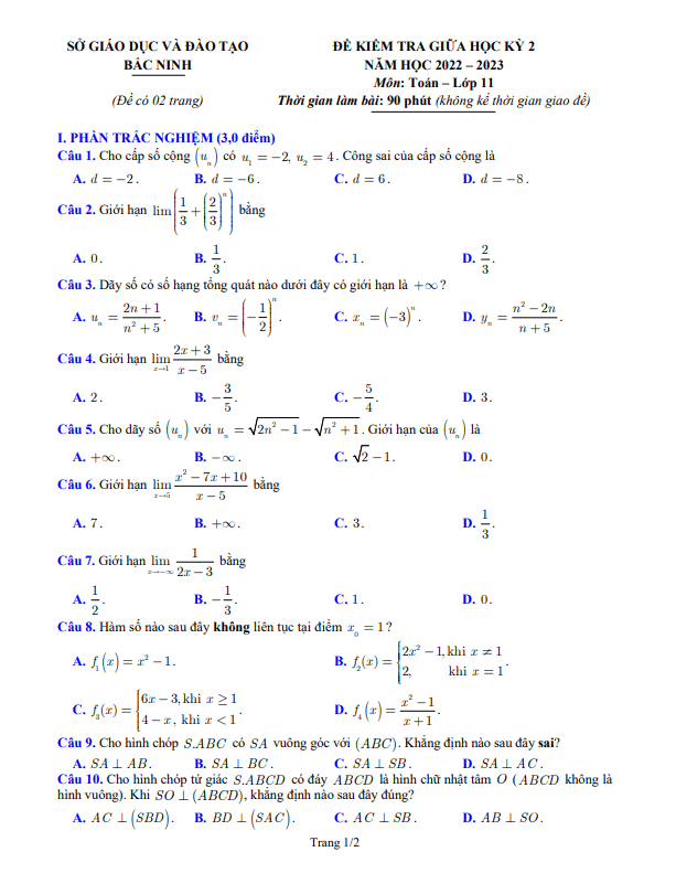 Đề kiểm tra giữa học kì 2 (HK2) lớp 11 môn Toán năm 2022 2023 sở GD ĐT Bắc Ninh