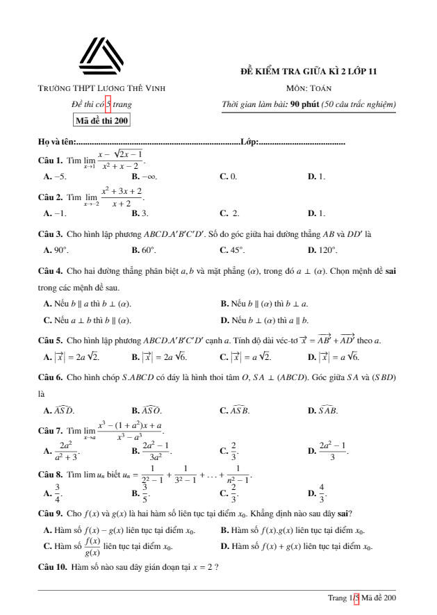 Đề kiểm tra giữa học kì 2 (HK2) lớp 11 môn Toán trường THPT Lương Thế Vinh Hà Nội