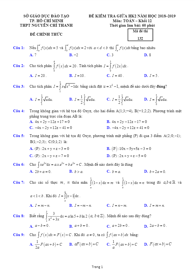 Đề kiểm tra giữa học kì 2 (HK2) lớp 12 môn Toán năm 2018 – 2019 trường Nguyễn Chí Thanh – TP HCM